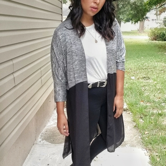 COMPARE & CONTRAST GRAY MARLED CHIFFON CARDIGAN - Picture 4 of 7